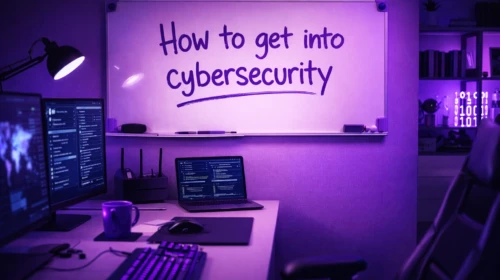 desk setup with How to get into cybersecurity written on whiteboard